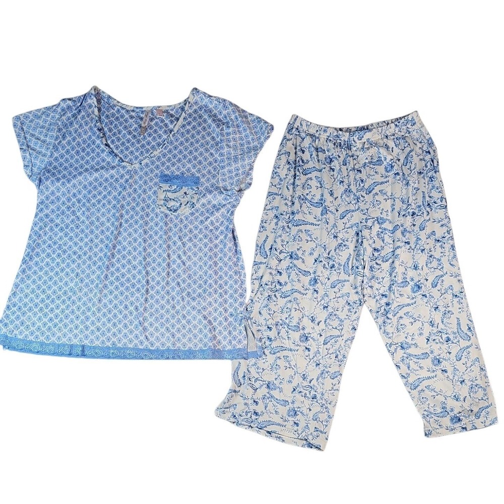 Body‎ Touch Pajama Set Sleepwear Lounge Blue Floral Print Top & Pants L Nwot